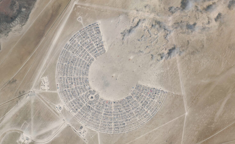 BLACK ROCK DESERT, NEVADA AUGUST 29, 2023: Maxar satellite imagery of the 2023 Burning Man Festival held in the Black Rock Desert about 100 miles north of Reno, NV. Please use: Satellite image (c) 2024 Maxar Technologies.