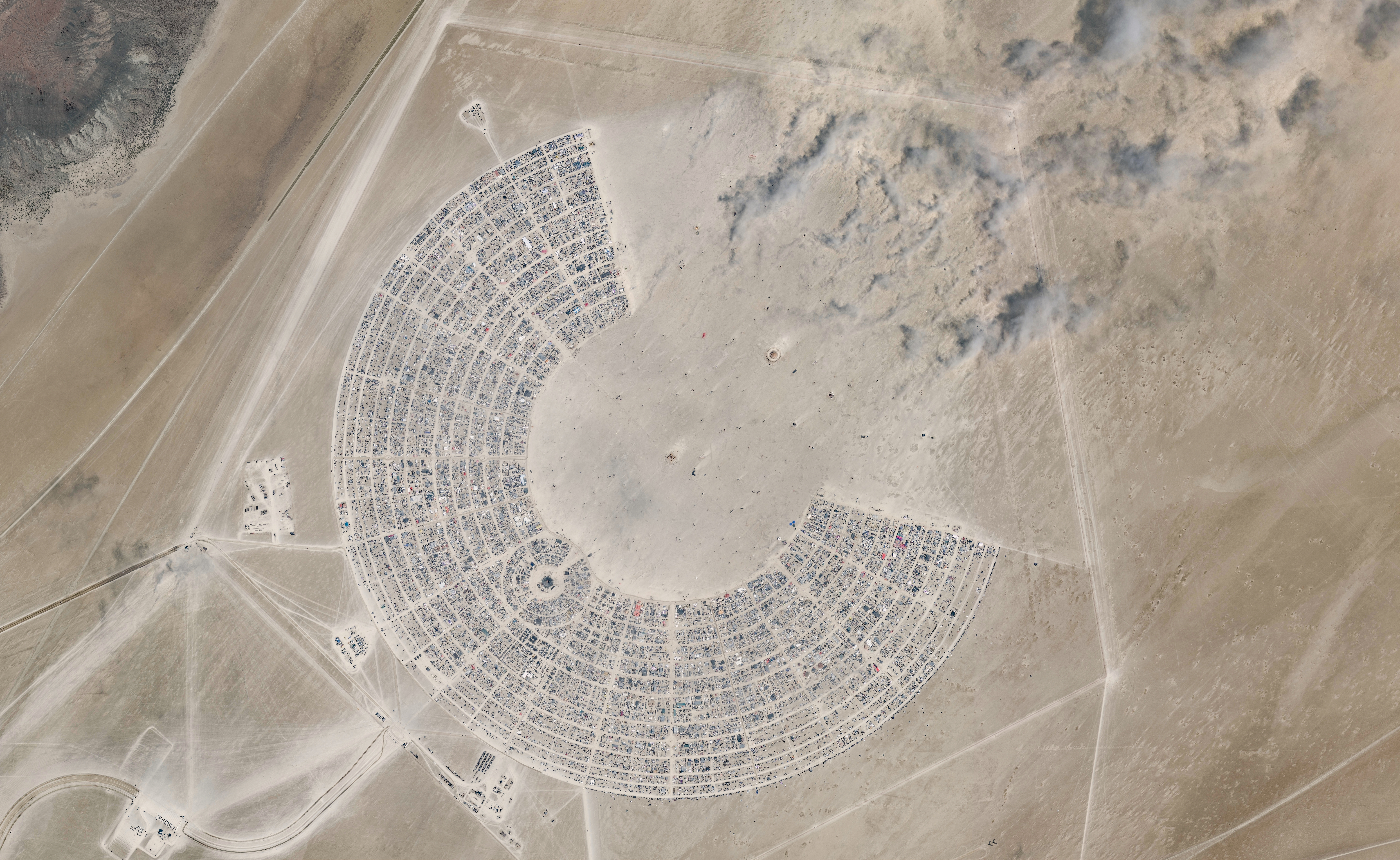 BLACK ROCK DESERT, NEVADA AUGUST 29, 2023: Maxar satellite imagery of the 2023 Burning Man Festival held in the Black Rock Desert about 100 miles north of Reno, NV. Please use: Satellite image (c) 2024 Maxar Technologies.